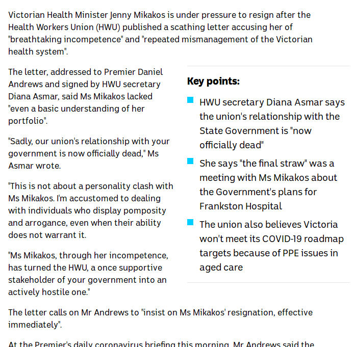 A news article from 2 days earlier about a letter sent by the Health Workers Union accusing her of 'breathtaking incometence' and 'lacking even a basic understanding of her portfolio'